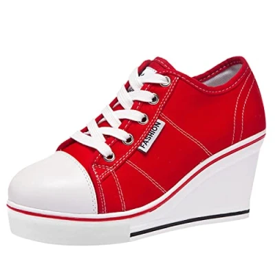 Image of ANUFER Women&#039;s Wedge Heel Lace up Canvas Trainers Shoes Red SN02435 UK3.5