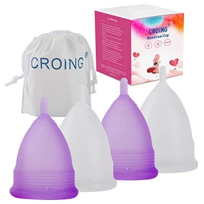 Image of CROING 𝙈𝙚𝙣𝙨𝙩𝙧𝙪𝙖𝙡 𝘾𝙪𝙥 Reusable Menstrual Cups Set of 4, Period Cup, 2 pcs Small and Large (Purple White)
