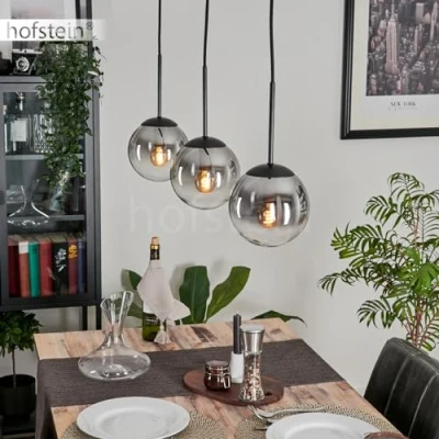 Image of Gastor Pendant lamp, Metal/Glass lamp in Black/Smoke Colour/Clear, Vintage/Retro Design with Glass Shades (Ø 15 cm), max. Height 149 cm, 3 x E14, Without Bulbs