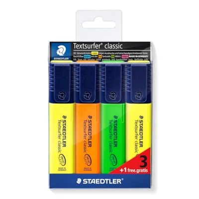 Image of STAEDTLER 364 S WP4P Textsurfer Classic Highlighter Bonus Pack Assorted Colours (Pack of 3 + 1 FREE)
