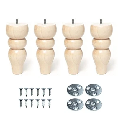 Image of 6’’ Wooden Bun Furniture Replacement Legs Feet Raw State Colour Beech Wood M8 Thread Level Mounting Plates Set Of 4 For Sofa Cabinet Footstool Chair Bed Ottoman TALLIN 15 CM