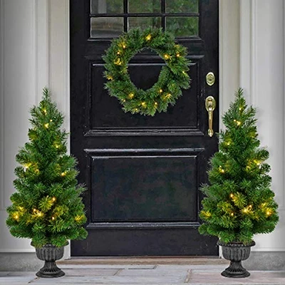 Image of URBNLIVING 3 Pcs Christmas Decoration Set, Light Up LED Trees and Wreath, Hanging Standing Outdoor Indoor Xmas Home Decor Set
