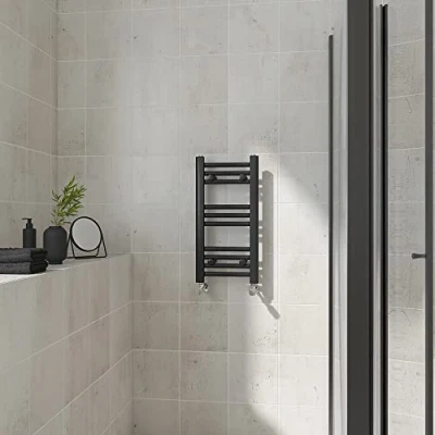 Image of Warmehaus Straight Heated Towel Rail Black Bathroom Ladder Style Radiator Central Heating 600x300mm
