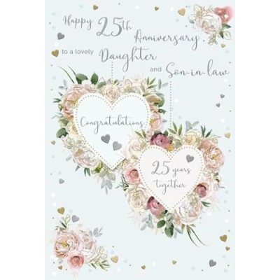 Image of ICG Daughter and Son In Law 25th Milestone Silver Anniversary Card 25 Years Floral Hearts with Foil Finish Eco Friendly