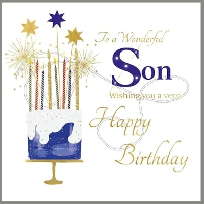 Image of Rush Design Wonderful Son Birthday Card Cake and Sparkler Candles with Foil Finish Eco Friendly Recyclable