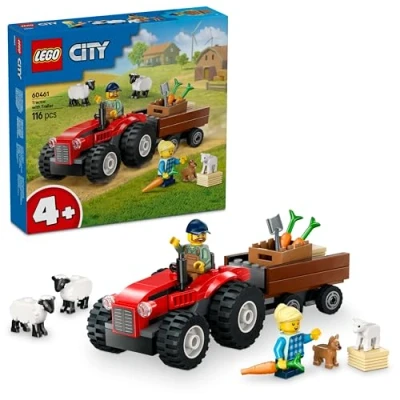Image of LEGO City Red Farm Tractor with Trailer &amp; Sheep Toy Set Playset Animal Figures Montessori Toys for 4+ Year Old Boys Girls Early Learning Gifts 60461