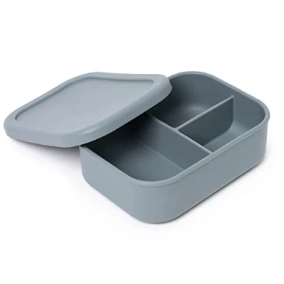 Image of Indian Tiffin Bento Lunch Box Silicone Container, 3 Compartments, Food Grade, Leak Proof Salad Box, Microwave Safe (Grey)