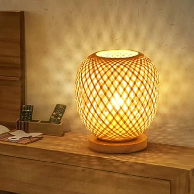 Image of GUANSHAN Bamboo Weaving Lantern Table Lamp Bedside Rural Style Small Night Light Decorative Lighting Desk Lampshade for Bedroom