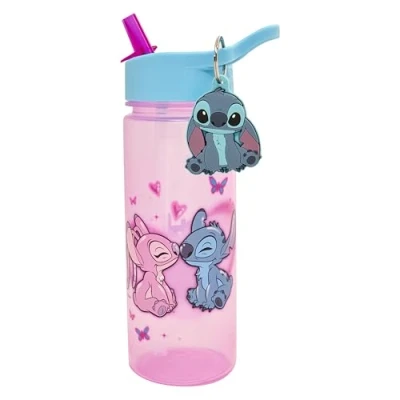 Image of Disney Stitch And Angel 500ml Kids Water Bottles with Straw by Polar Gear Lilo Gifts For Girls Back to School Supplies Bottle Keyring Charm