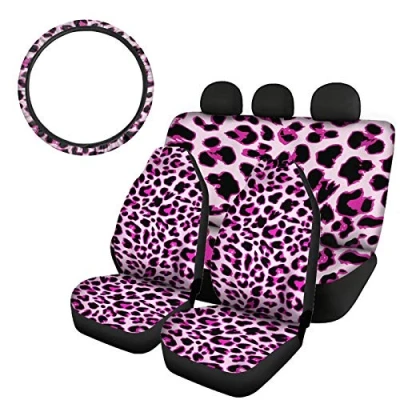 Image of SEANATIVE Fashion Leopard Skin Print Stretch Car Front Seat Covers with Rear Bench Cover,Steering Wheel Cover 4 Packs Set for Women,Pink