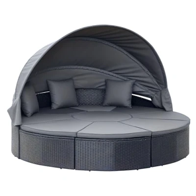 Image of Outsunny 4 Pieces PE Rattan Garden Daybed Set, Outdoor Wicker Cushioned Round Sofa Bed Conversation Furniture with Coffee Table &amp; Canopy, Black