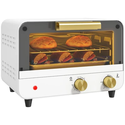 Image of HOMCOM Small Toaster Oven, 12L Multifunction Mini Countertop Oven with Glass Door, Adjustable Temperature and Timer, Accessory Included, 750W, White
