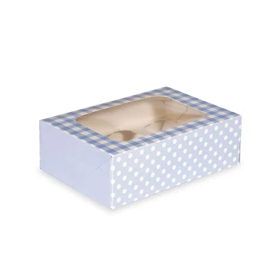 Image of Anniversary House Blue Cupcake Box with Window and Removable 6 Hole Insert, Gingham Polka Dot Print, Easy Assembly, 1 Pack, 7.5 x 16 23 CM, J162