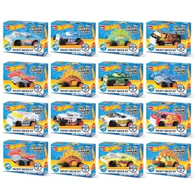 Image of Hot Wheels by Bladez Toyz Pocket Racer Maker Kitz 16 Pack Build &amp; Race Mini Cars Pull Back Motors for Turbo Performance Easy Snap Fit Assembly Works on Track COLOURS WILL VARY