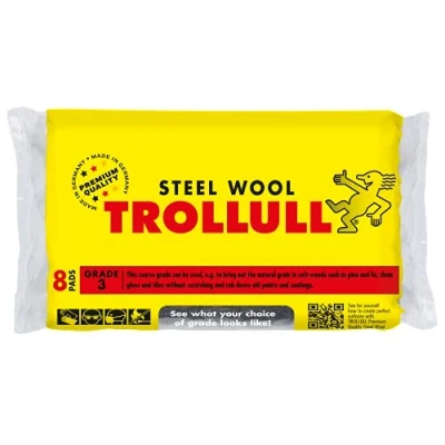 Image of TROLLULL Steel Wool Wire coarse 3 enhances the natural grain of wood, cleans glass, roughens old varnish or paint, 8 pads 200g