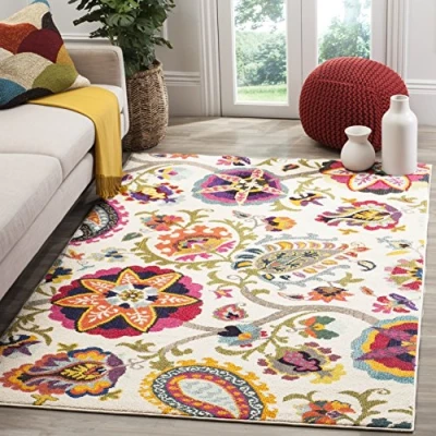 Image of SAFAVIEH Boho Chic Teppich für Wohnzimmer, Esszimmer, Schlafzimmer Monaco Collection, Kurzer Flor, Elfenbein und Multi, 155 X 231 cm