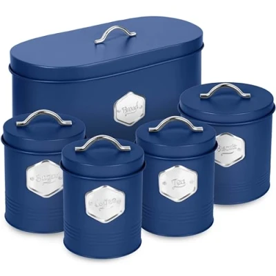 Image of HEFTMAN Blue Kitchen Canister Set Stylish 5 Piece Storage for Bread, Biscuits, Sugar Coffee Tea Airtight, Labelled Containers Accessories (5 PCS)