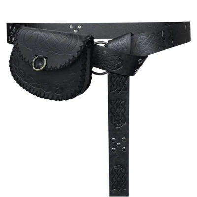 Image of HiiFeuer Medieval Embossed O Ring Belt with Viking Bag, Vintage Faux Leather and Pouch Set for LARP (Black B)