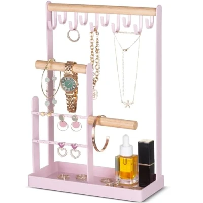 Image of ProCase Jewellery Organiser Stand Holder, 4 Tiers Jewelry Stands Necklace Organizer Earring 10 Hooks Tower Display Rack for Bracelets Watches Rings Gifts Women Pink