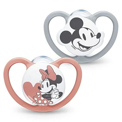 Image of NUK Space Baby Dummy 6 18 Months Soothers with Extra Ventilation BPA Free Silicone Mickey &amp; Minnie Mouse 2 Count