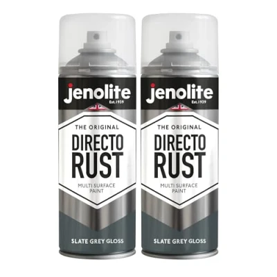 Image of JENOLITE Directorust Gloss Spray Paint SLATE GREY 2 x 400ml Direct To Rust For Metal Multi Surface Wood, Metal, Plastic, Ceramic RAL 7031