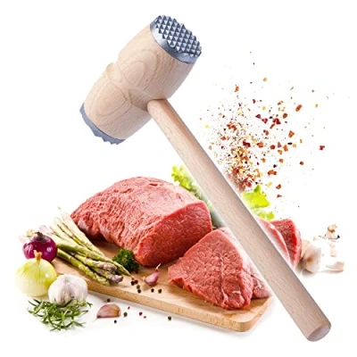 Image of KADAX Meat Tenderiser with Wooden Handle, Mallet Durable Metal Surfaces for Effortless and Uniform Tenderising of Cuts, Steak Hammer