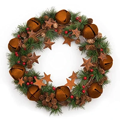 Image of 40cm Christmas Wreath with Rustic Jingle Bells Stars Pine Cones Berries Leaves for Outdoor Xmas Home Office Mantelpiece Decorations