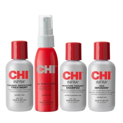 Image of The Essentials Kit by CHI for Unisex 4 Pc 2oz Infra Shampoo, 44 Iron Guard Thermal Protection, Treatment, Silk Infusion, RED,GRAY
