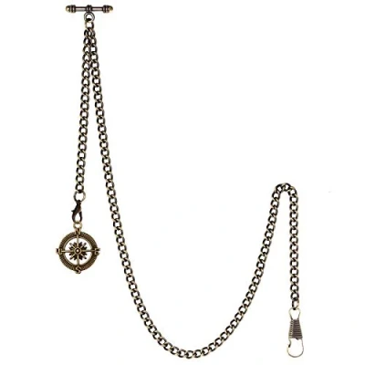 Image of TREEWETO Men&#039;s Albert Chain Pocket Watch Curb Link Key 2 Hooks with Antique Compass Bronze Pendant Design Charm Fob T Bar