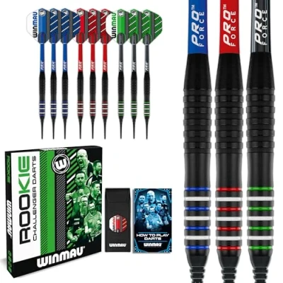 Image of WINMAU Rookie Multi Softip (Plastic Tips) Brass Darts Set Single or Sets Includes Flights and Shafts (Stems) Exclusive Booklet Blue, Red Green