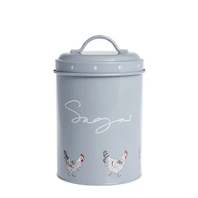 Image of Sophie Allport Sugar Canister, Chicken Print Storage Tin, Galvanised Steel, 15cm High, Sage Grey, Kitchen Accessories