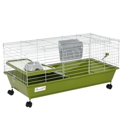Image of PawHut Small Animal Cage Rabbit Guinea Pigs Chinchillas w/Wheels Water Bottle Food Dish Platform Ramp 89 x 44 43 cm Green
