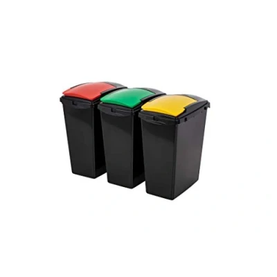 Image of Addis 40 litre Plastic Set of 3 Recycling Waste Utility Bins, Black colour coded Lids Green, Red, Yellow