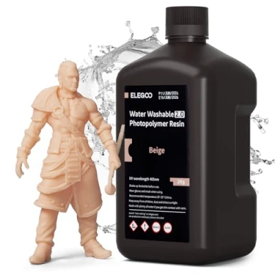 Image of ELEGOO Water Washable 3D Printer Resin 2.0 Beige 2KG, 405nm Rapid UV Fast Curing Photopolymer for LCD/DLP