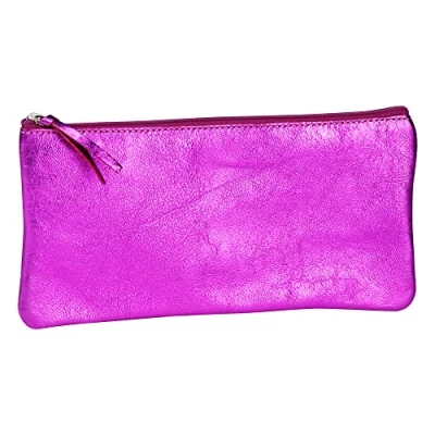 Image of Clairefontaine Ref 8717C Cuirisé&#039; Leather Flat Pencil Case 22 x 11cm, Made From Genuine Lambskin Leather, Metal Zip With Puller Raspberry