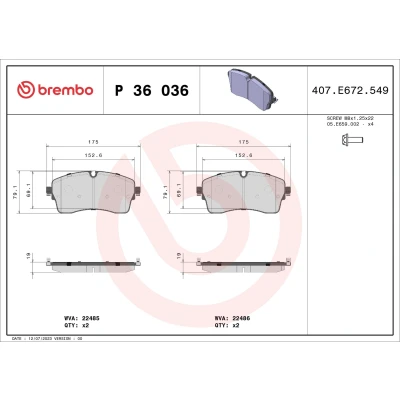Image of J9C7133 brake pad set BREMBO P 36 036 excl. wear warning contact with caliper screws without accessories JAGUAR: E Pace