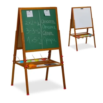 Image of Relaxdays Children&#039;s Easel, Magnetic Board, Height Adjustable, max HWD: 160 x 65 69 cm, Whiteboard &amp; Chalkboard, Brown