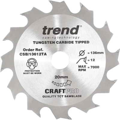 Image of Trend Wood Cordless Circular Saw Blade, 136mm Diameter, 20mm Bore, 12 Teeth, TCT, 1.5mm Kerf, +15 Hook, CSB/13612TA