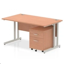 Image of Impulse 1400x800mm Desk Beech Top Silver Cantilever Leg and Mobile Ped