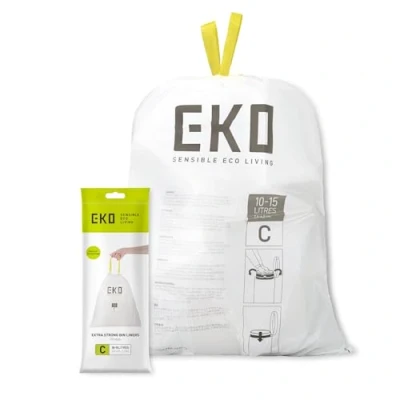 Image of EKO Size C Bin Liners For Kitchen Bins Extra Strong with Drawstring Tie Handles 10 15 Litre Capacity 20 Bags, White