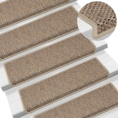 Image of vidaXL Stair Mats in Sisal Look, Self Adhesive Rugs, Beige Treads Protects from Slips and Wear, Sand Fabric Carpets 65x21x4 cm