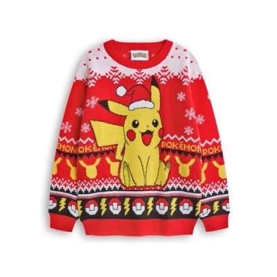 Image of Pokemon Kids Christmas Jumper Multicoloured Festive Holiday Pikachu Long Sleeve Knitted Sweater for Children Warm Pullover Knit Seasonal Merchandise Gift Boys and Girls