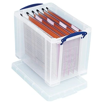 Image of Really Useful Plastic Storage Box 24 Litre Clear with 10 x Suspension Files