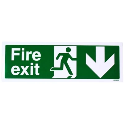 Image of V Safety Fire Exit Arrow Down Sign Landscape 300mm X 100mm Self Adhesive Vinyl