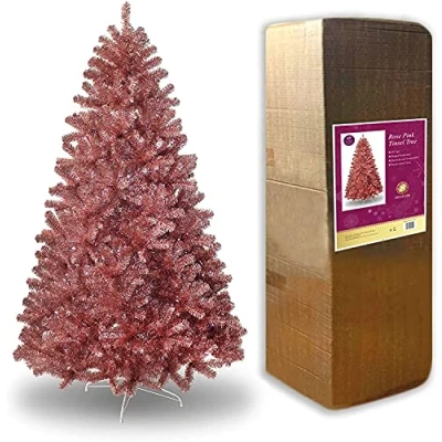 Image of SHATCHI Artificial Christmas Tree Rose Champagne Gold Shiny Tinsel Tips Bushy Look Luxurious Hinged Branches Xmas Holiday Home Decorations, PVC, 6Ft