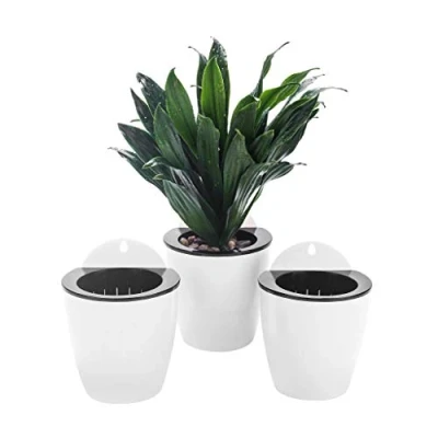 Image of ORIMERC 3 Pack Hanging Planter Pots Self Watering Vertical Garden Wall Mount Window Hang Round Plastic Container Indoor Outdoor for Plants Flowers Succulent Kitchen Living Herbs Holder White Small