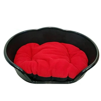 Image of KetoPlastics MEDIUM BLACK PLASTIC DOG BED WITH RED CUSHION / HEAVY DUTY PET DOG/CAT/ANIMAL/SLEEP/BASKET MADE IN UK