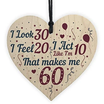 Image of RED OCEAN 60th Birthday Novelty Funny Gift For Mum Dad Nan Grandad Handmade Wooden Hanging Heart Plaque Card Keepsake