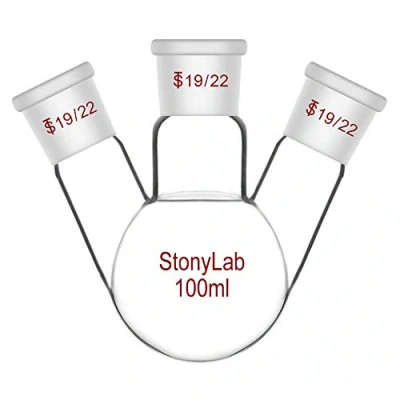 Image of stonylab Borosilicate Glass Heavy Wall 3 Neck Round Bottom Flask RBF, with 19/22 Center and Side Standard Taper Outer Joint, 100 mL