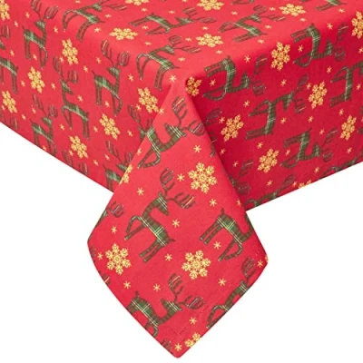 Image of HOMESCAPES Red Christmas Tablecloth 100% Cotton 4 Seater Table Cloth 137 x cm Square “Red Reindeer Xmas Pattern